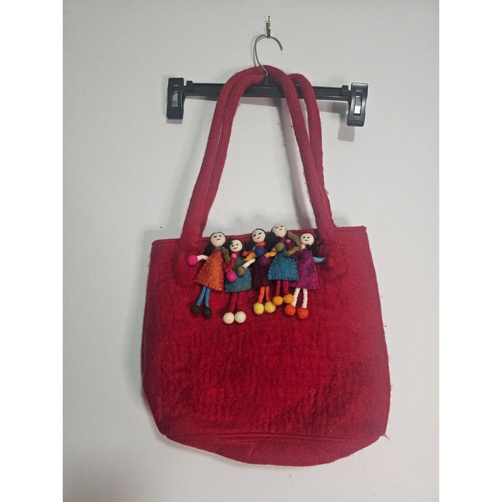 Unique Handmade Guatemalan Folk Art Applique Wool Tote Red Bag